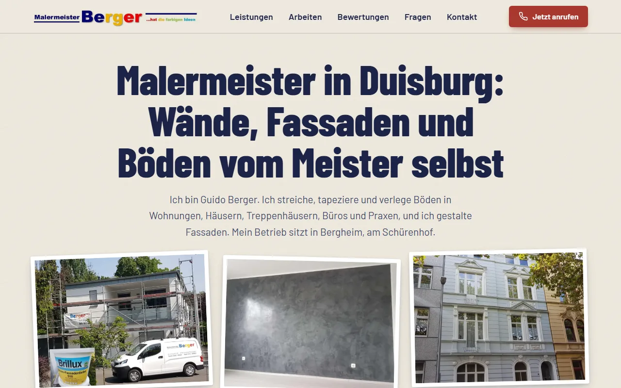 Startseite der Designstudie Malermeister Berger: ruhige Kalkwand, große Überschrift und drei Arbeitsfotos wie Abzüge