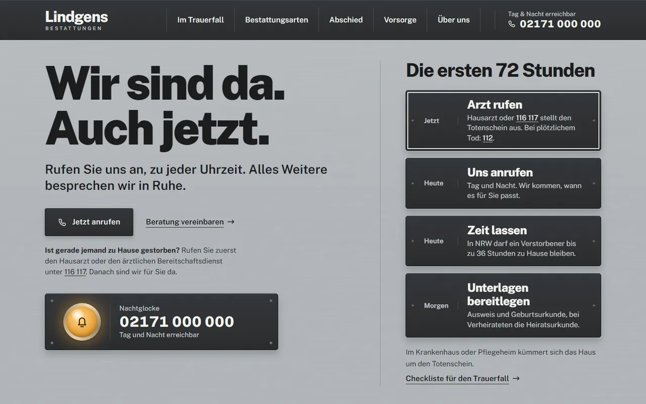 Startseite der Designstudie Bestattungen Lindgens: die ersten 72 Stunden, ruhig erklärt