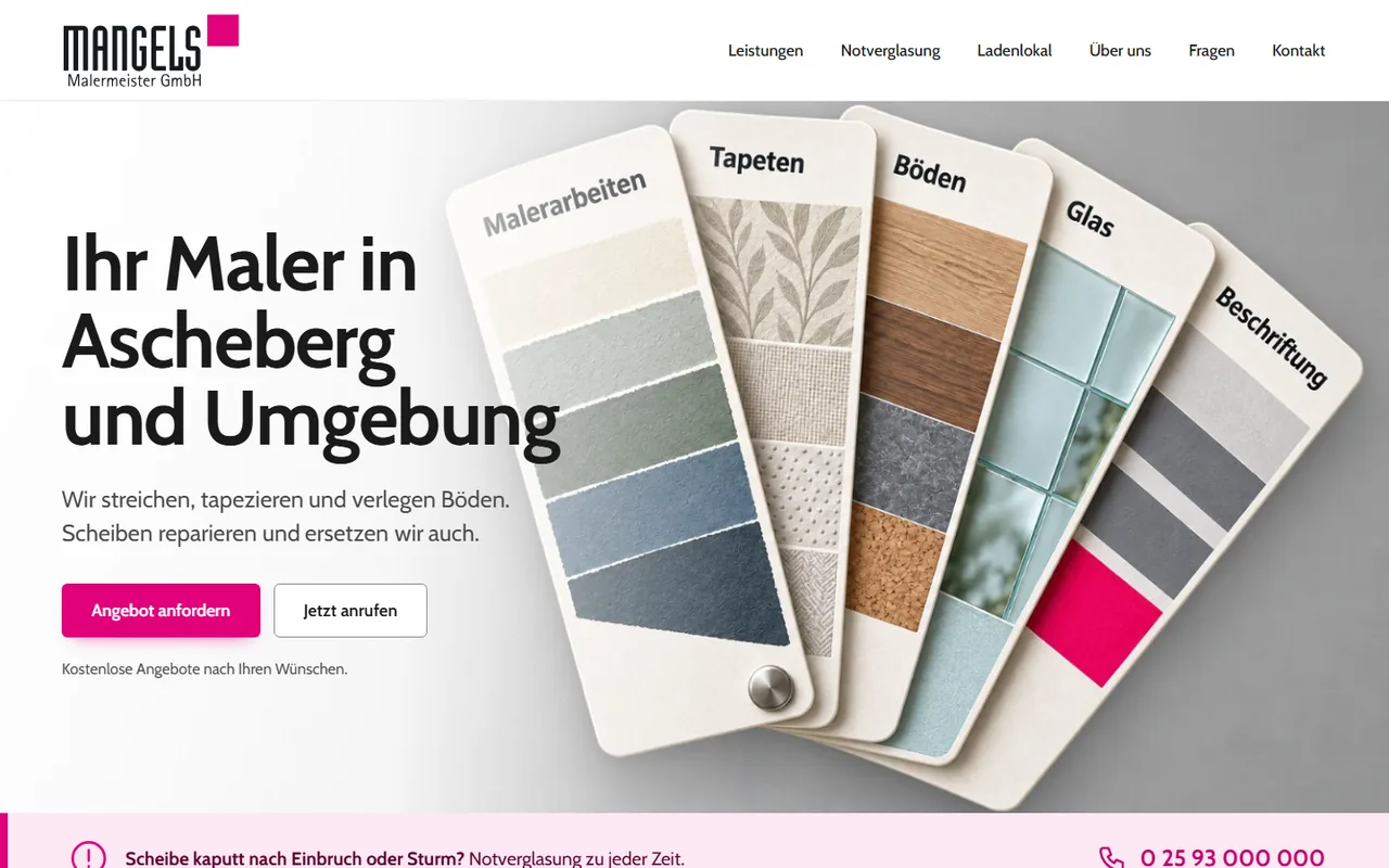 Startseite der Designstudie Malermeister Mangels: Farbfächer aus fünf Musterkarten auf hellem Tisch