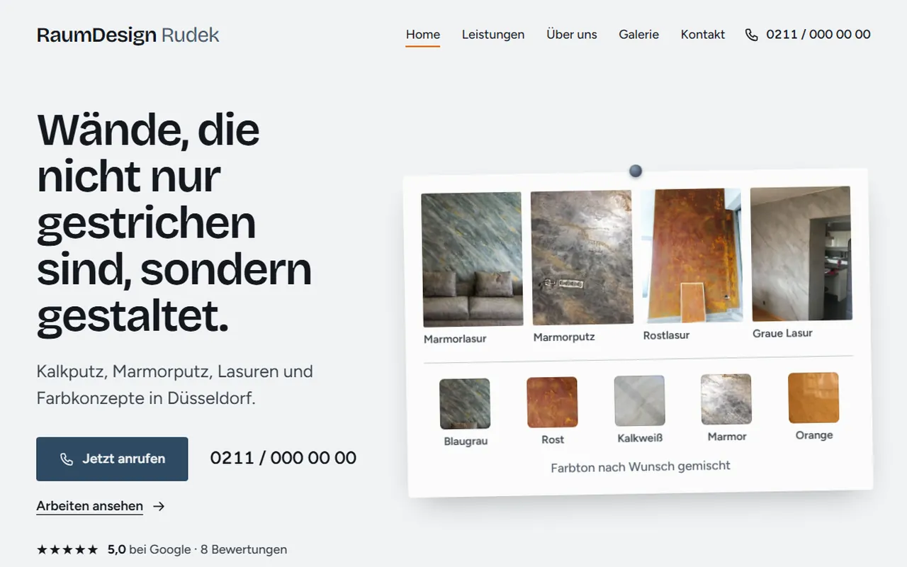 Startseite der Designstudie RaumDesign Rudek: Musterblatt aus echten Oberflächen auf Papierweiß